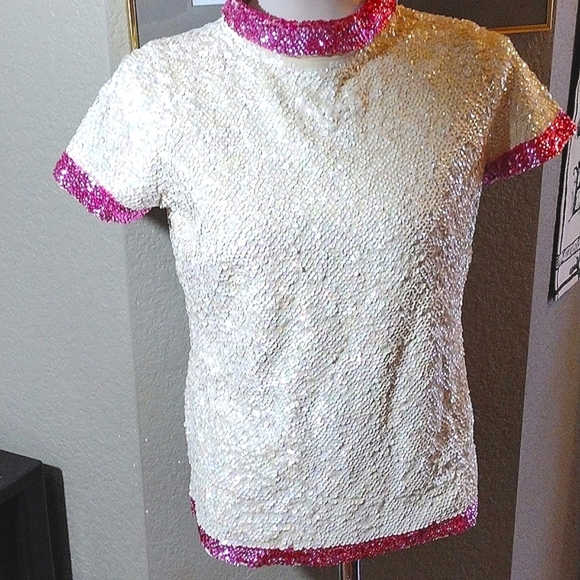 Vintage Tops - Ultra Feminine Sequined pink and white top 1960's Firm Price